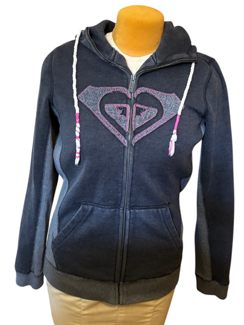 Roxy Women's Charcoal Zip-Up Hoodie with Pink Logo Accents M medium vtg